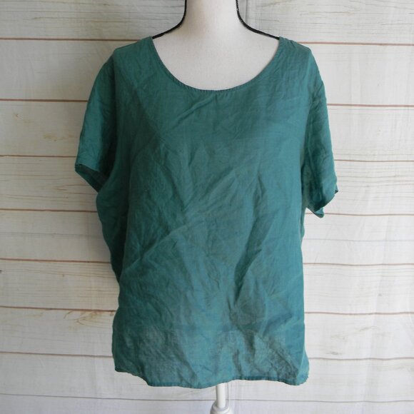 Tahari Womens 100% Linen Blouse Top High Low TEAL Short Sleeve Plus Size 2X - Picture 1 of 4